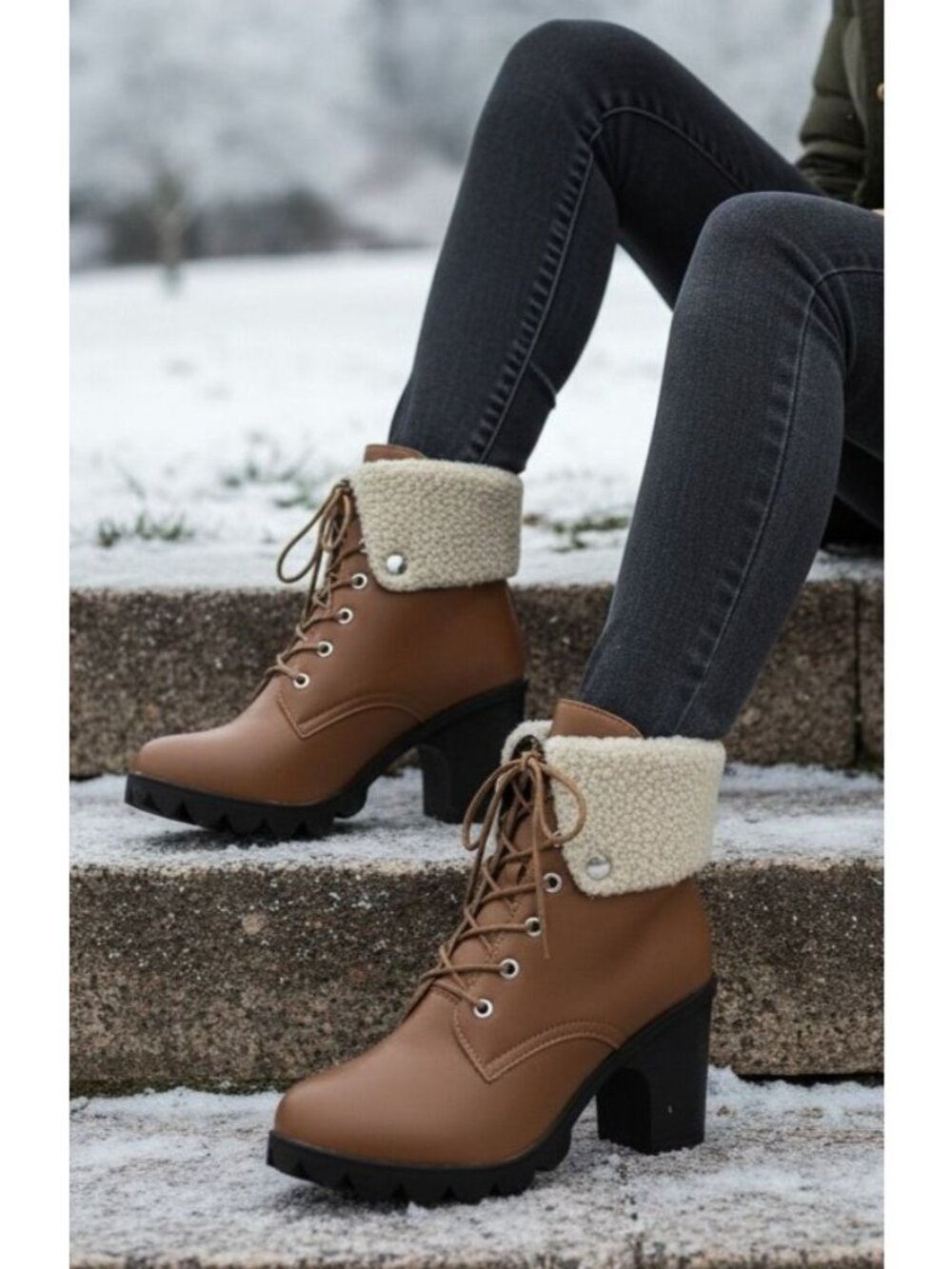 Sherpa Cuff Lace-Up Block High Heel Round Toe Faux Leather Chunky Lug Ankle Boot